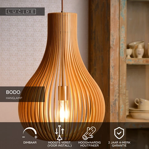 Lucide BODO - Hanglamp - Ø 38 cm - 1xE27 - Licht hout - USP